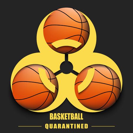 Biological hazard with basketball ball. Coronavirus sign. Stop covid-19 outbreak. Caution risk disease 2019-nCoV. Cancellation of sports tournaments. Basketball quarantined. Vector illustrationのイラスト素材