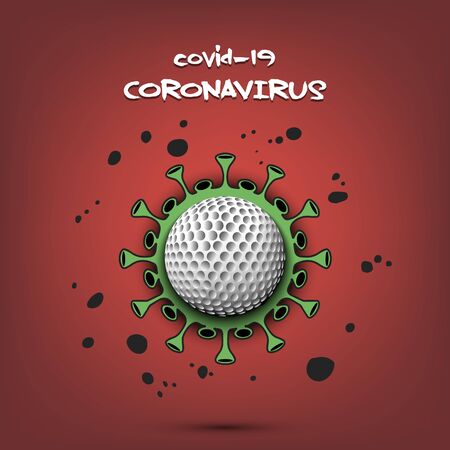 Coronavirus sign with golf ball. Stop covid-19 outbreak. Caution risk disease 2019-nCoV. Cancellation of sports tournaments. The worldwide fight against the pandemic. Vector illustrationのイラスト素材