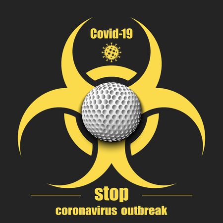 Biological hazard with golf ball. Coronavirus sign. Stop covid-19 outbreak. Caution risk disease 2019-nCoV. Cancellation of sports tournaments. Golf quarantined. Vector illustrationのイラスト素材
