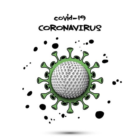 Coronavirus sign with golf ball. Stop covid-19 outbreak. Caution risk disease 2019-nCoV. Cancellation of sports tournaments. The worldwide fight against the pandemic. Vector illustrationのイラスト素材