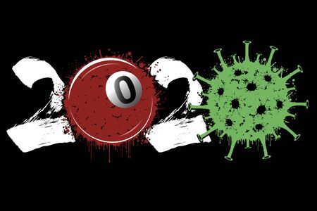 Abstract numbers 2020 and coronavirus sign with billiard ball made of blots. Stop covid-19 outbreak. Caution risk disease 2019-nCoV. Cancellation of sports tournaments. Vector illustrationのイラスト素材