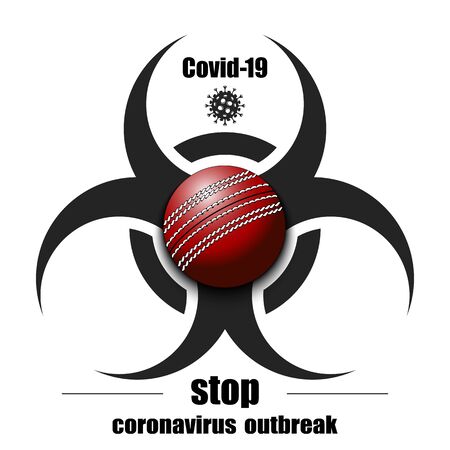 Biological hazard with cricket ball. Coronavirus sign. Stop covid-19 outbreak. Caution risk disease 2019-nCoV. Cancellation of sports tournaments. Cricket quarantined. Vector illustrationのイラスト素材