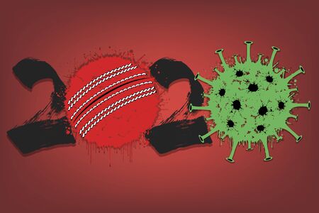 Abstract numbers 2020 and coronavirus sign with cricket ball made of blots. Stop covid-19 outbreak. Caution risk disease 2019-nCoV. Cancellation of sports tournaments. Vector illustrationのイラスト素材