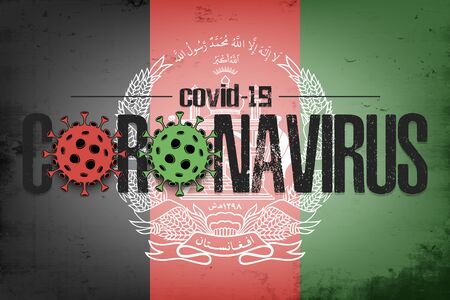 Flag of Afghanistan with coronavirus covid-19. Virus cells coronavirus bacteriums against background of the flag of Afghanistan. Coronavirus outbreak in Afghanistan. Quarantine. Vector illustrationのイラスト素材