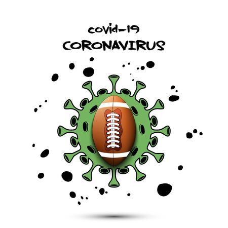 Coronavirus sign with football ball. Stop covid-19 outbreak. Caution risk disease 2019-nCoV. Cancellation of sports tournaments. The worldwide fight against the pandemic. Vector illustrationのイラスト素材