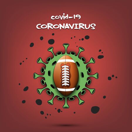 Coronavirus sign with football ball. Stop covid-19 outbreak. Caution risk disease 2019-nCoV. Cancellation of sports tournaments. The worldwide fight against the pandemic. Vector illustrationのイラスト素材