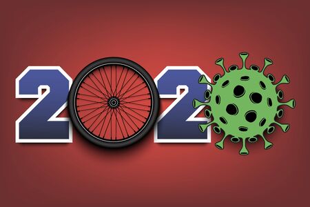 Numbers 2020 and coronavirus sign with bicycle wheel. Stop covid-19 outbreak. Caution risk disease 2019-nCoV. Cancellation of sports tournaments. Vector illustrationのイラスト素材