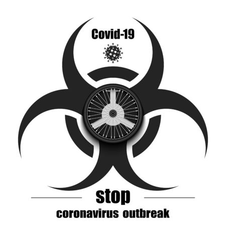 Biological hazard with bicycle wheel. Coronavirus sign. Stop covid-19 outbreak. Caution risk disease 2019-nCoV. Cancellation of sports tournaments. Cycling quarantined. Vector illustrationのイラスト素材