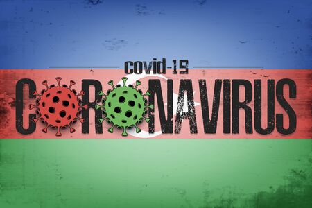 Flag of Azerbaijan with coronavirus covid-19. Virus cells coronavirus bacteriums against background of the flag of Azerbaijan. Coronavirus outbreak in Azerbaijan. Mode quarantine. Vector illustrationのイラスト素材