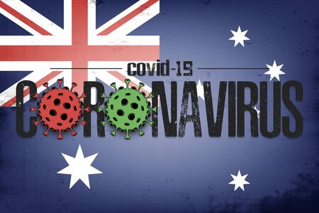 Flag of Australia with coronavirus covid-19. Virus cells coronavirus bacteriums against background of the flag of Australia. Coronavirus outbreak in Australia. Mode quarantine. Vector illustrationのイラスト素材
