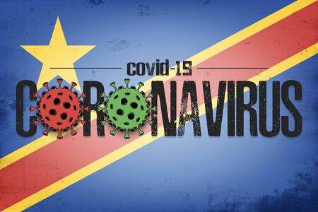 Flag of DR Congo with coronavirus covid-19. Virus cells coronavirus bacteriums against background of the flag of DR Congo. Coronavirus outbreak in DR Congo. Mode quarantine. Vector illustrationのイラスト素材