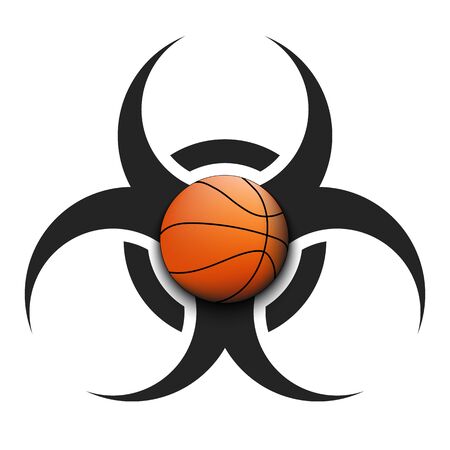 Biohazard symbol with basketball ball. Caution biological danger toxic sign. Basketball quarantined. Cancellation of sports tournaments. Vector illustrationのイラスト素材