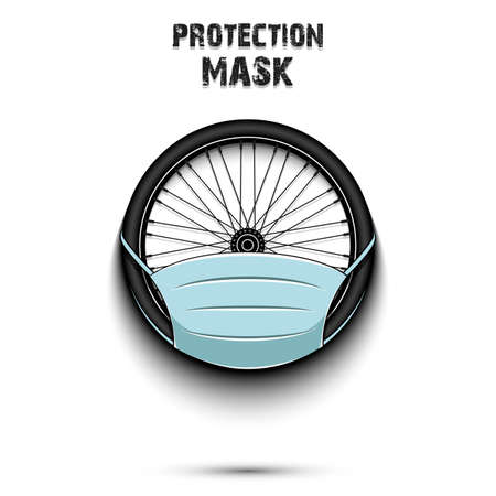 Bicycle wheel with a protection mask. Caution! wear protection mask. Risk disease. Cancellation of sports tournaments. Pattern design. Vector illustrationのイラスト素材