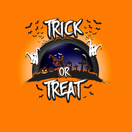 Halloween pattern. Trick or treat. Bowling template design. Bowling ball, pumpkins, spooky tree, crosses, coffin, ghost and bat. Pattern for banner, poster, party invitation. Vector illustrationのイラスト素材