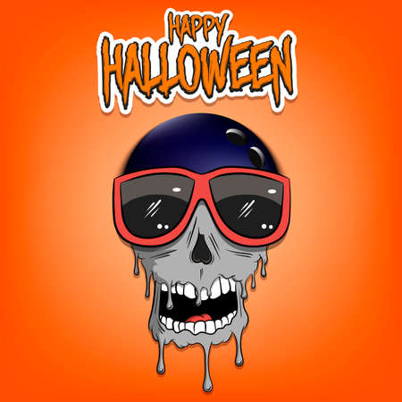Happy Halloween. Bowling ball with skull in sunglasses with paint. Graffiti illustration of bowling ball with skull on isolated background. Skull art image. Vector illustrationのイラスト素材