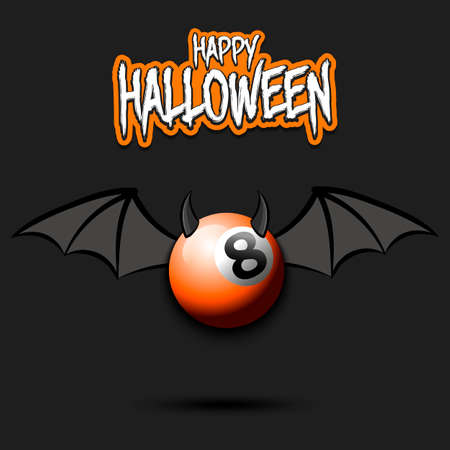 Happy Halloween. Devil billiard ball. Billiard ball with horns and wings. Design pattern for banner, poster, greeting card, flyer, party invitation. Vector illustrationのイラスト素材