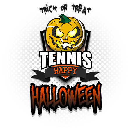 Happy Halloween. Template tennis design.  tennis ball in the form of a pumpkin on an isolated background. Pattern for banner, poster, greeting card, flyer, party invitation. Vector illustrationのイラスト素材