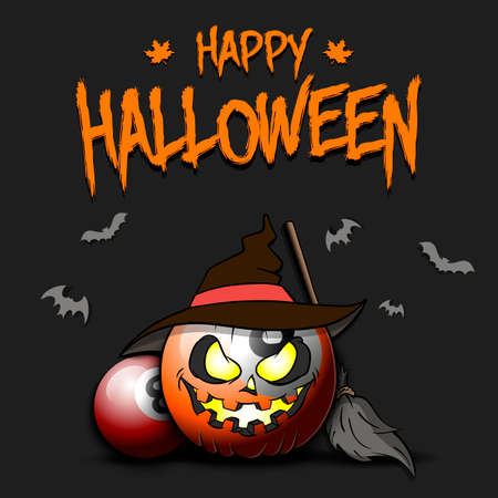 Happy Halloween. Template billiard design. Billiard ball in the form of a pumpkinin in witch hat on an isolated background. Pattern for banner, poster, greeting card, invitation. Vector illustrationのイラスト素材