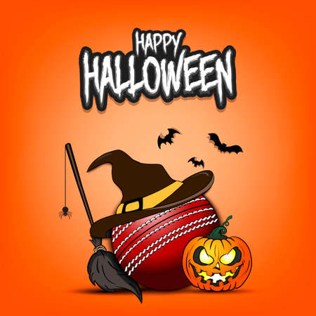 Happy Halloween. Cricket template design. Cricket ball with witch hat, pumpkin, broom, spider and bat. Vector illustrationのイラスト素材
