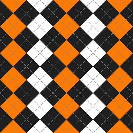 Halloween Argyle plaid. Scottish pattern in orange, black and white rhombuses. Scottish cage....