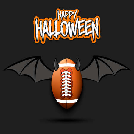 Happy Halloween. Devil rugby ball. Football ball with horns and wings. Design pattern for banner, poster, greeting card, flyer, party invitation. Vector illustrationのイラスト素材