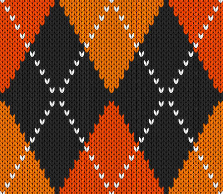 Knitted argyle Halloween pattern. Wool knitinng. Scottish plaid in orange and black rhombuses. Traditional  Scottish background of diamonds . Seamless fabric texture. Vector illustrationのイラスト素材