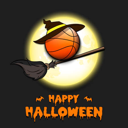 Happy Halloween. Basketball ball with witch hat on a broomstick against the background of the moon. Pattern for banner, poster, greeting card, flyer, party invitation. Vector illustrationのイラスト素材