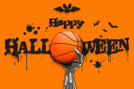 Happy Halloween. Zombie hand is holding a basketball ball. Template basketball design. Grunge style. Pattern for banner, poster, greeting card, flyer, party invitation. Vector illustrationのイラスト素材