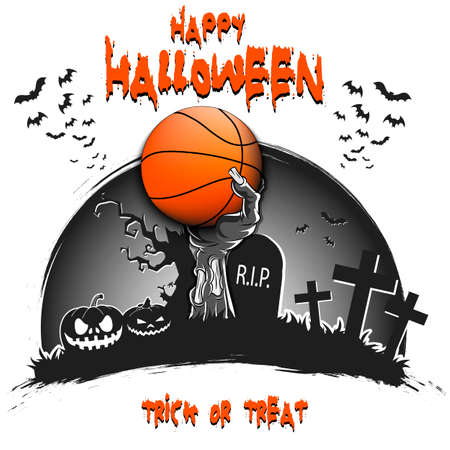 Happy Halloween. Zombie hand from the grave holding a basketball ball. Pumpkins, spooky tree, crosses, coffin and bats. Pattern for banner, poster, party invitation. Vector illustrationのイラスト素材