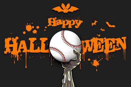 Happy Halloween. Zombie hand is holding a baseball ball. Template baseball design. Grunge style.  Vector illustrationのイラスト素材