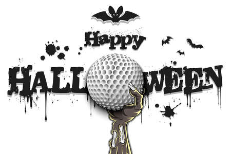 Happy Halloween. Zombie hand is holding a golf ball. Template golf design. Grunge style. Vector illustrationのイラスト素材