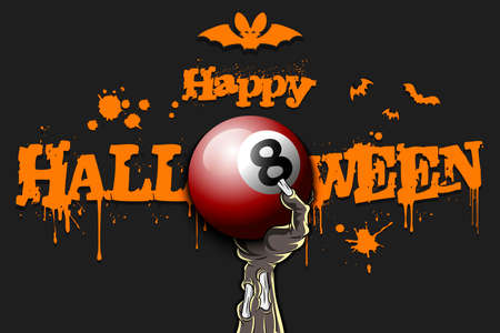 Happy Halloween. Zombie hand is holding a billiard ball. Template billiard design. Grunge style. Pattern for banner, poster, greeting card, flyer, party invitation. Vector illustrationのイラスト素材