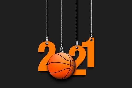 2021 New Year and basketball ball as a Christmas decorations hanging on strings. 2021 hang on cords on an isolated background. Design pattern for greeting card. Vector illustrationのイラスト素材
