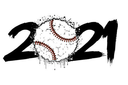 Abstract numbers 2021 and a baseball ball from blots. 2021 New Year on an isolated background. Design pattern for greeting card. Grunge style. Vector illustrationのイラスト素材