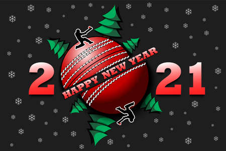 Happy new year 2021 and cricket ball with Christmas trees on an isolated background. Cricket player hits the ball. Design pattern for greeting card. Vector illustrationのイラスト素材