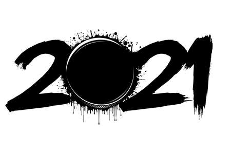 Abstract numbers 2021 and a hockey puck from blots. 2021 New Year on an isolated background. Design pattern for greeting card. Grunge style. Vector illustrationのイラスト素材