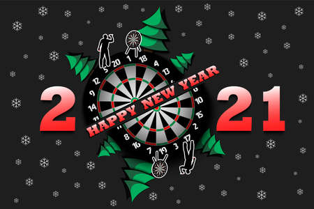 Happy new year 2021 and dartboard with Christmas trees on an isolated background. Player throws a dart at the target. Design pattern for greeting card. Vector illustrationのイラスト素材