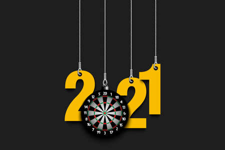 2021 New Year and dartboard as a Christmas decorations hanging on strings. 2021 hang on cords on an isolated green background. Design pattern for greeting card. Vector illustrationのイラスト素材