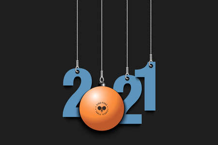 2021 New Year and  table tennis ball as a Christmas decorations hanging on strings. 2021 hang on cords on an isolated background. Vector illustrationのイラスト素材