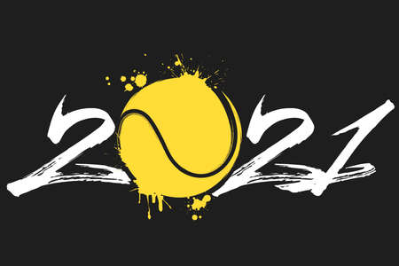 Abstract numbers 2021 and tennis ball made of blots in grunge style. 2021 New Year on an isolated background. Design pattern. Vector illustrationのイラスト素材
