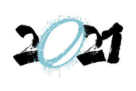 Abstract numbers 2021 and rugby ball made of blots in grunge style. 2021 New Year on an isolated background. Design pattern. Vector illustrationのイラスト素材