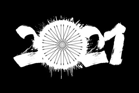 Abstract numbers 2021 and bicycle wheel made of blots in grunge style. 2021 New Year on an isolated background. Design pattern. Vector illustrationのイラスト素材