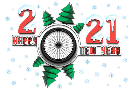 Happy new year 2021 and bicycle wheel with Christmas trees on an isolated background. Snowy numbers and letters. Design pattern for greeting card, banner, poster, flyer. Vector illustrationのイラスト素材