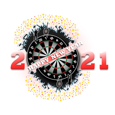 Happy new year 2021 and dartboard with football player and fans. Creative design pattern for greeting card, banner, poster, flyer, party invitation. Vector illustrationのイラスト素材