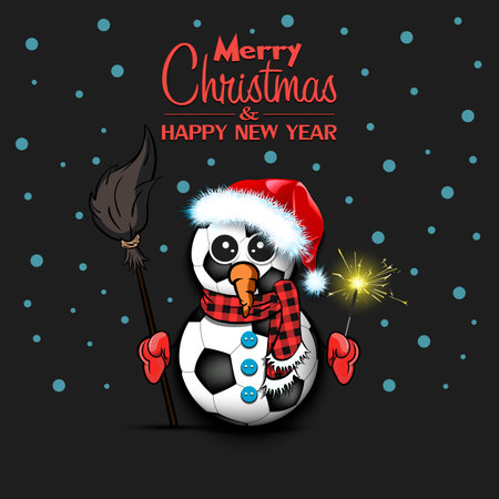 Merry Christmas and happy new year. Snowman from soccer balls with broom and sparklers on an isolated background. Design pattern for banner, poster, greeting card, invitation. Vector illustrationのイラスト素材