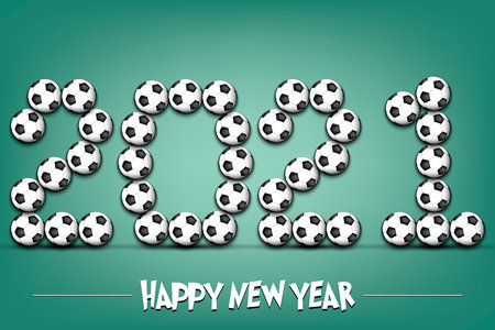 Happy New Year. 2021 numbers made from soccer balls. Design pattern for greeting card, banner, poster, flyer, party invitation, calendar. Vector illustrationのイラスト素材