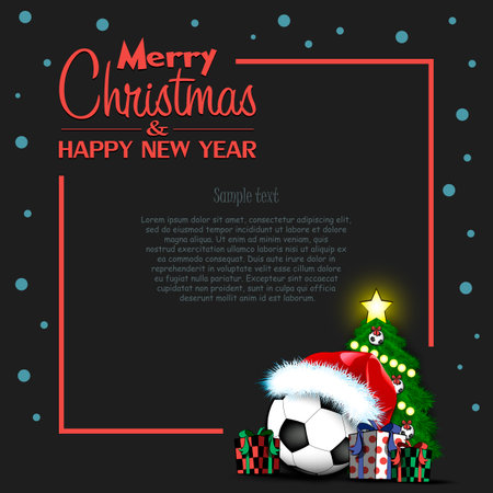 Merry Christmas and Happy New Year. Frame with Soccer ball, Christmas tree and gift boxes. Greeting card design template with for new year. Vector illustrationのイラスト素材