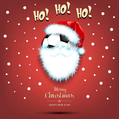 Merry Christmas and Happy New Year. Santa in the form of a soccer ball. Soccer ball with beard and santa hat. Greeting card design template with for new year. Vector illustrationのイラスト素材