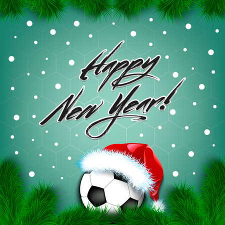 Merry Christmas and Happy New year. Soccer ball in a santa hat with branches of a Christmas tree on the background of a football gate net. Greeting card design pattern. Vector illustrationのイラスト素材
