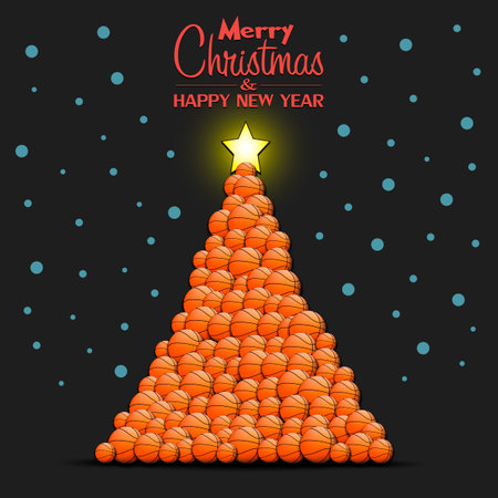 Merry Christmas and Happy New Year. Christmas tree made of basketball balls. Snowflakes on the background. Greeting card design template with for new year. Vector illustrationのイラスト素材